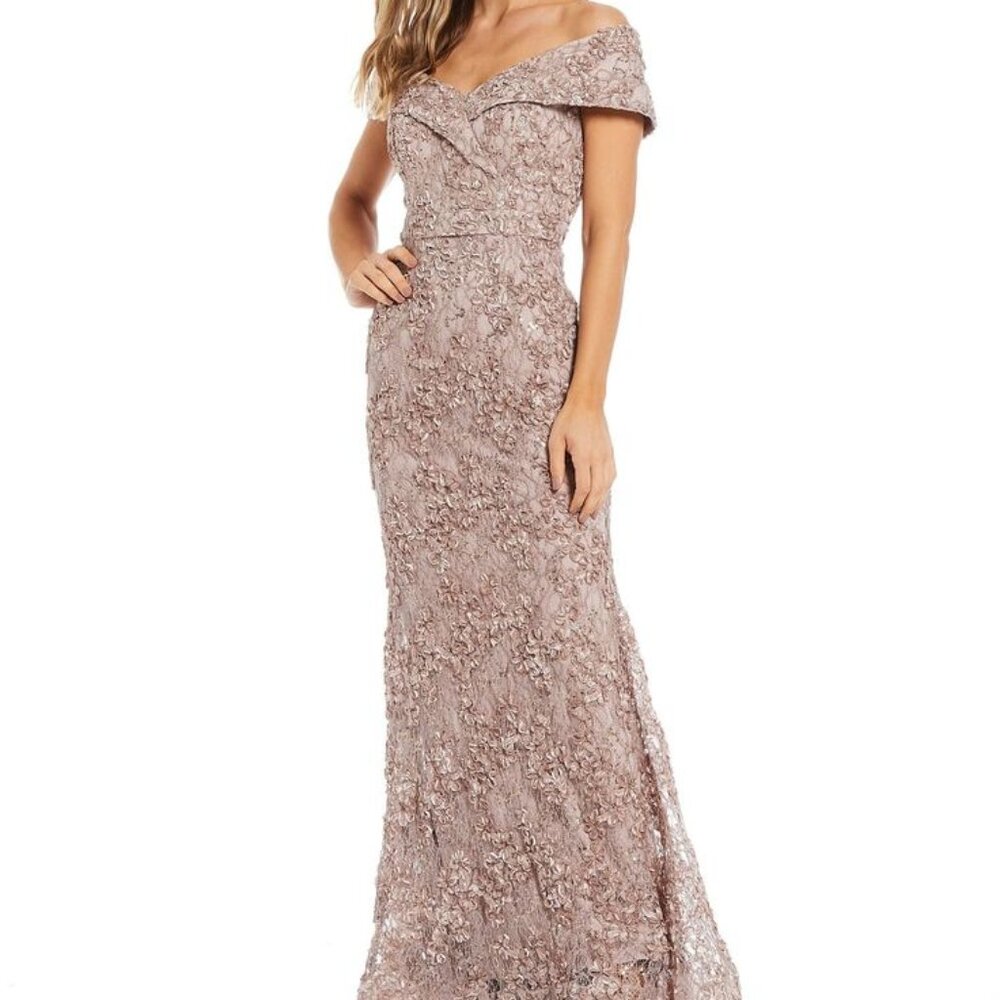 Xscape Womens Embroidered Lace Off-The-Shoulder Formal Evening Dress